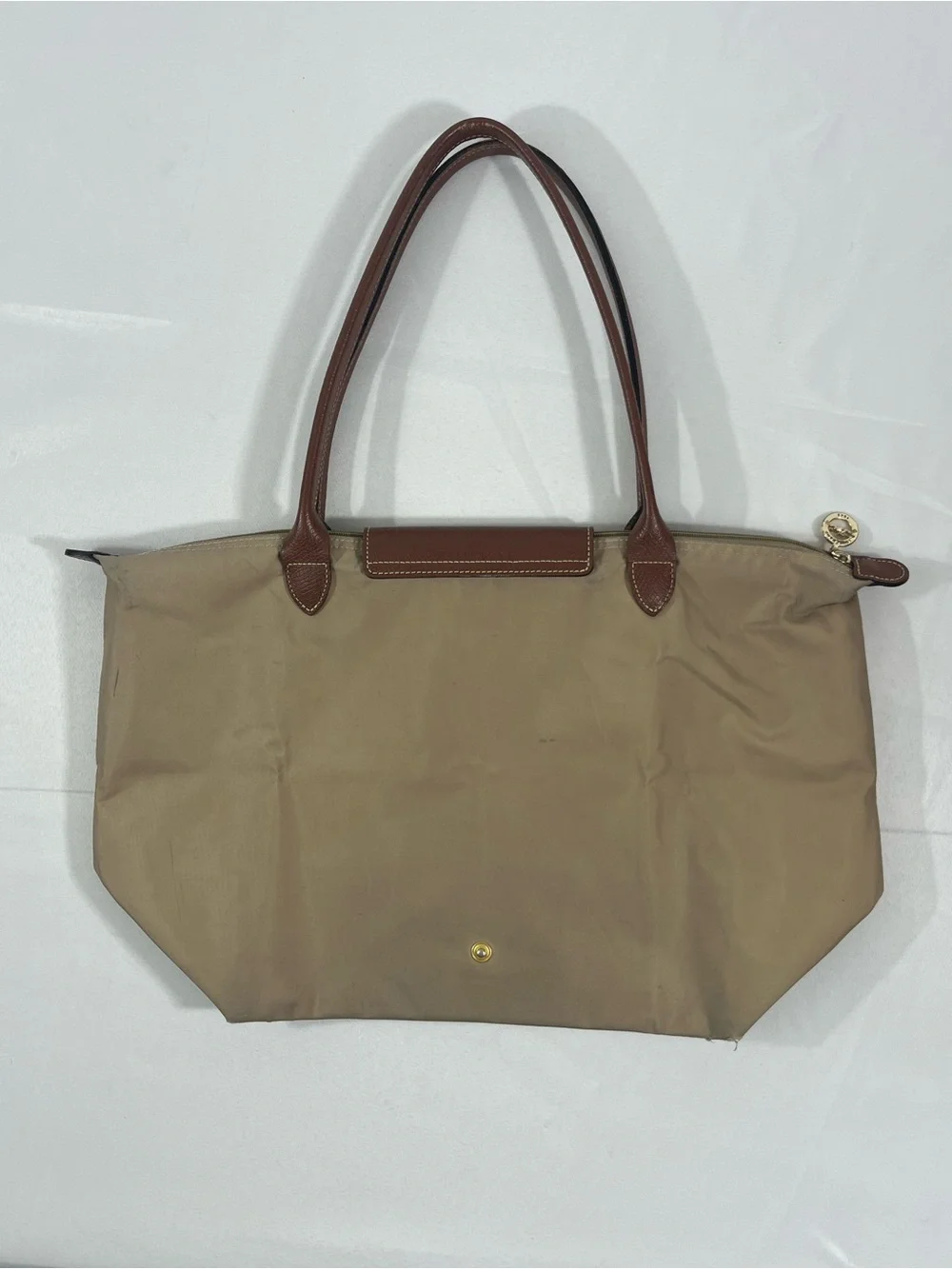 Longchamp Large Tote - Tan Nylon, Brown Leather - Packable - Fair Condition